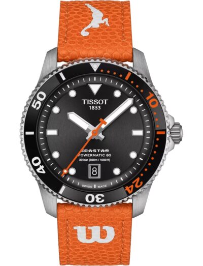 Tissot wristwatch with stainless steel case, black dial and embossed synthetic strap