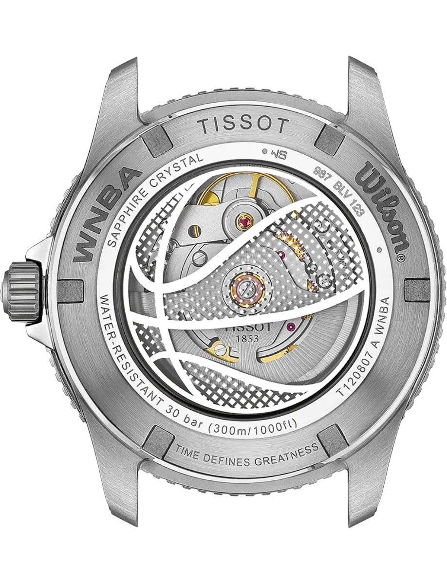 Back view of Tissot wristwatch with stainless steel and silk-printed glass caseback