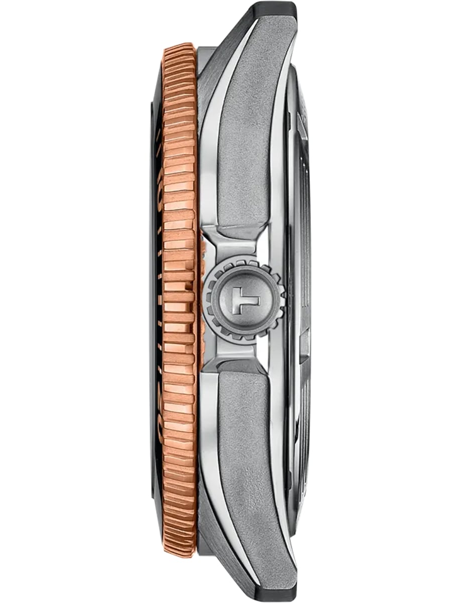 Side view of Tissot wristwatch with stainless steel case with rose gold PVD coating and mineral bezel ring