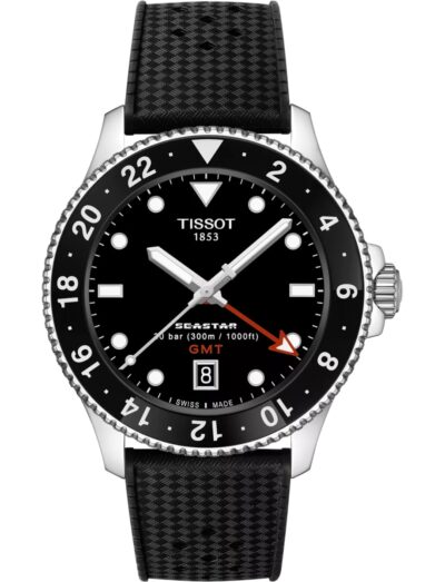 Tissot wristwatch with stainless steel case, black dial, and black synthetic strap.
