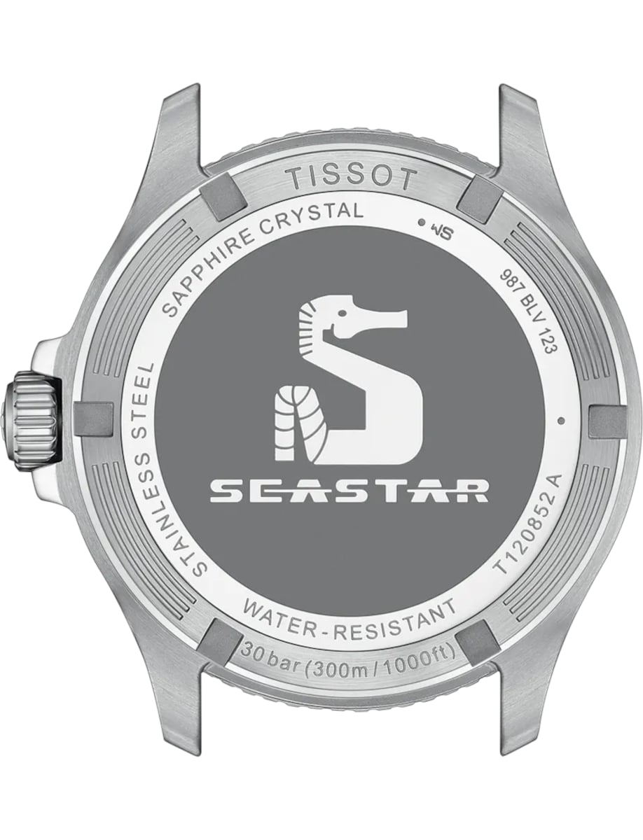 Back view of Tissot wristwatch with stainless steel and engraved case.