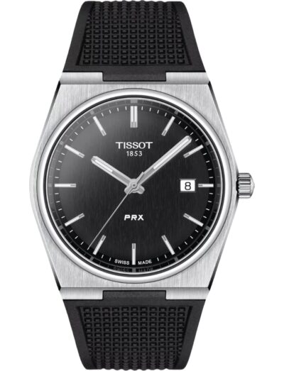 Tissot wristwatch with stainless steel case, black dial and synthetic strap