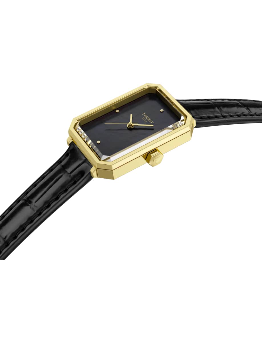 Side view of Tissot wristwatch with stainless steel, black mother of pearl dial and alligator-style grained cowhide strap