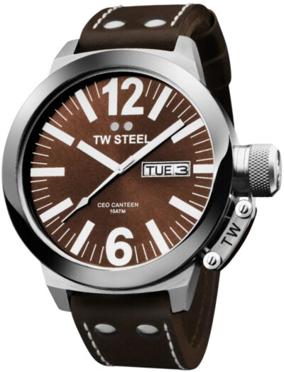 TW Steel wristwatch with stainless steel case, brown dial and leather strap