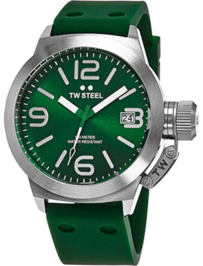 TW Steel wristwatch with stainless steel case, green dial and rubber strap.