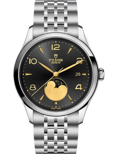 Tudor wristwatch with stainless steel case and bracelet, and black satin sun-brushed dial with applied numerals and moon phase indicator.