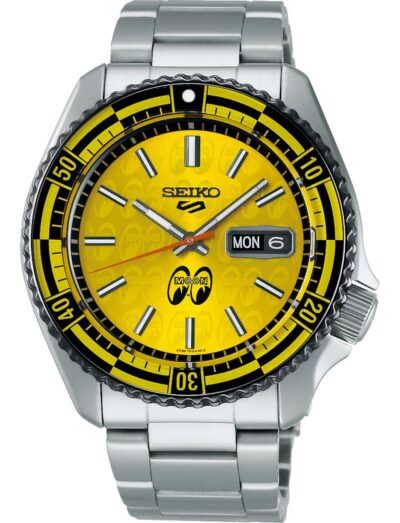 Seiko wristwatch with stainless steel case and bracelet, and yellow dial.