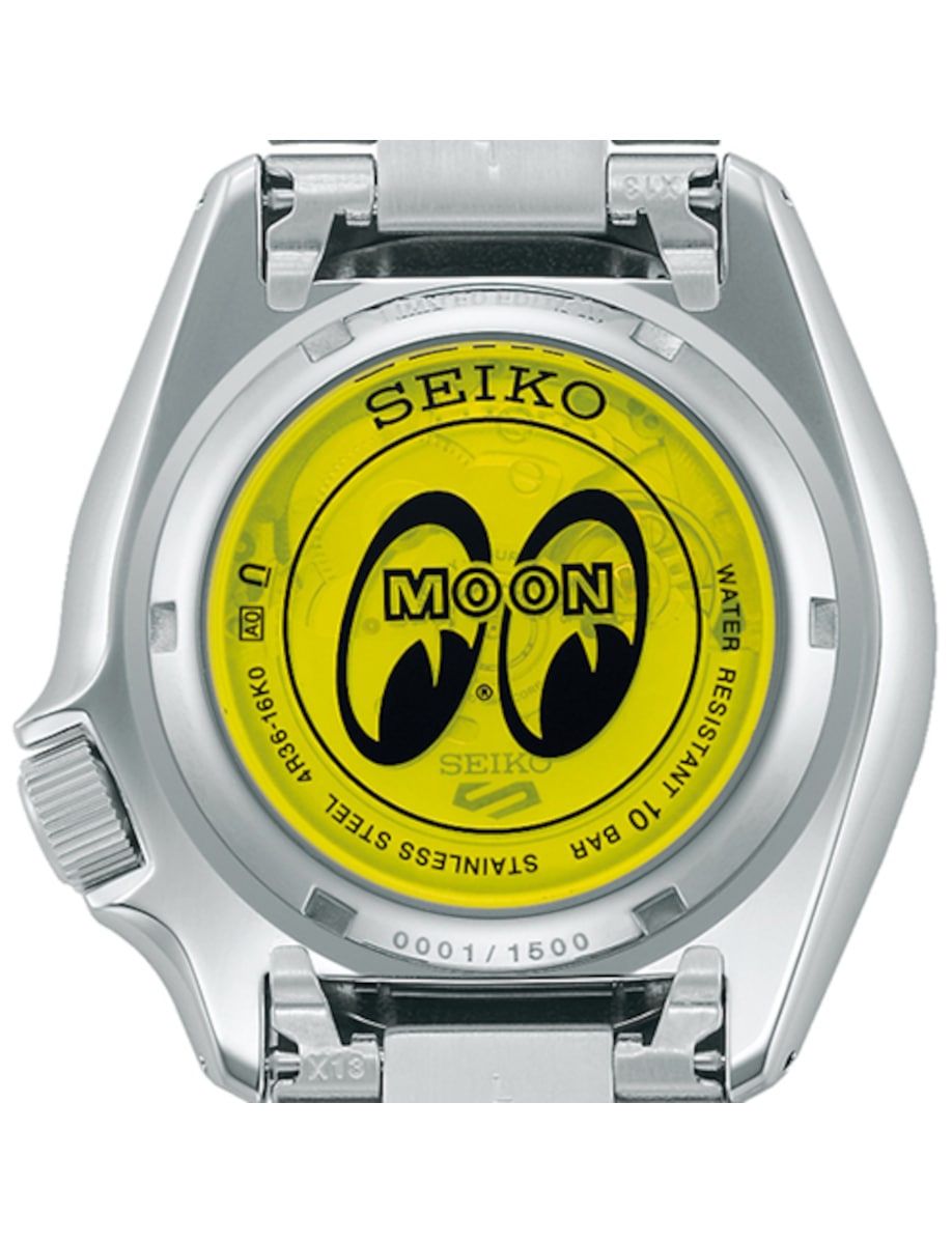 Back view of Seiko wristwatch with stainless steel case and bracelet.