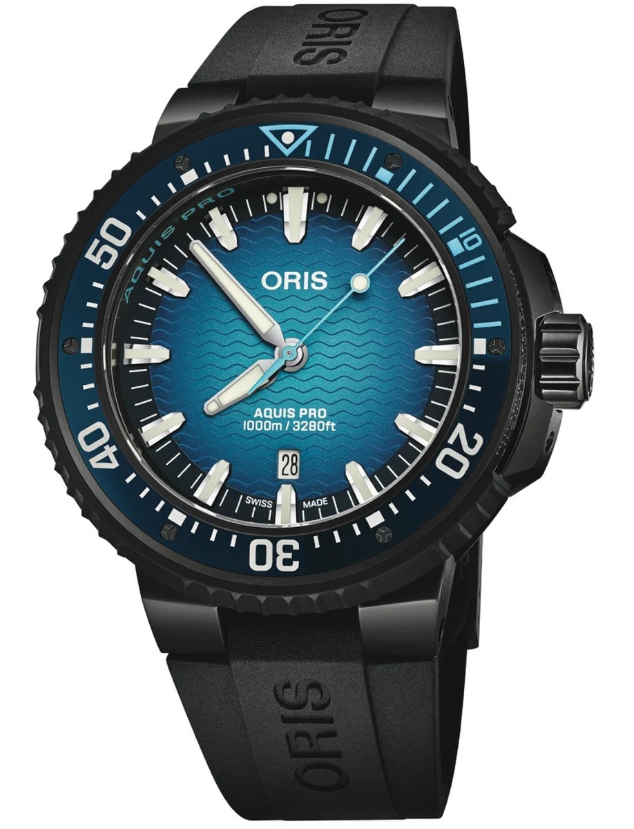 Oris wristwatch with titanium case, blue dial and black rubber strap