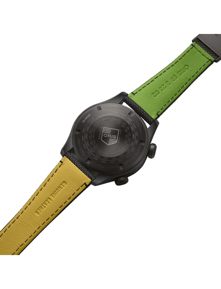 Back side of Oris wristwatch with titanium case, and black textile strap.