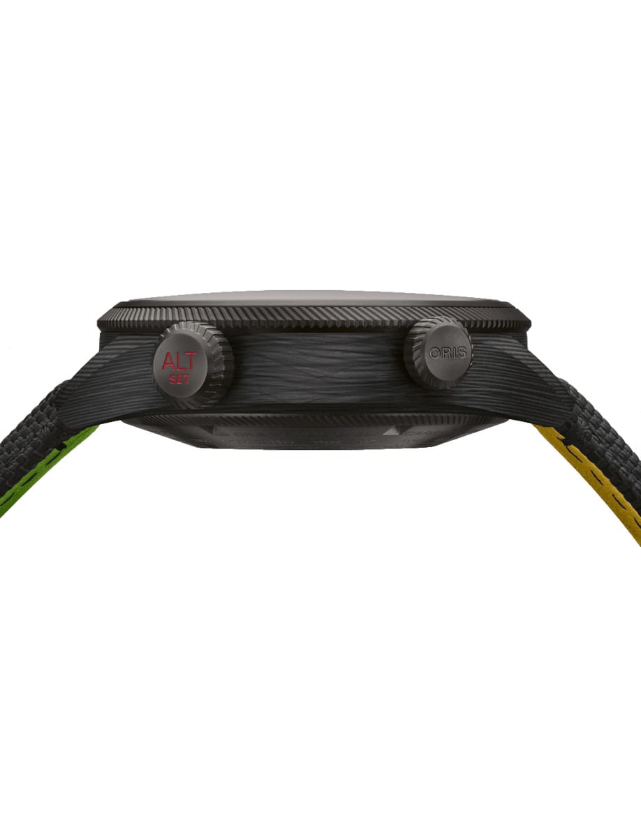 Side view of Oris wristwatch with titanium case, and black textile strap.