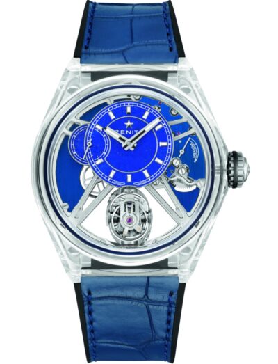 Zenith wristwatch with full sapphire case, lapis lazuli dial, and blue integrated alligator leather strap.