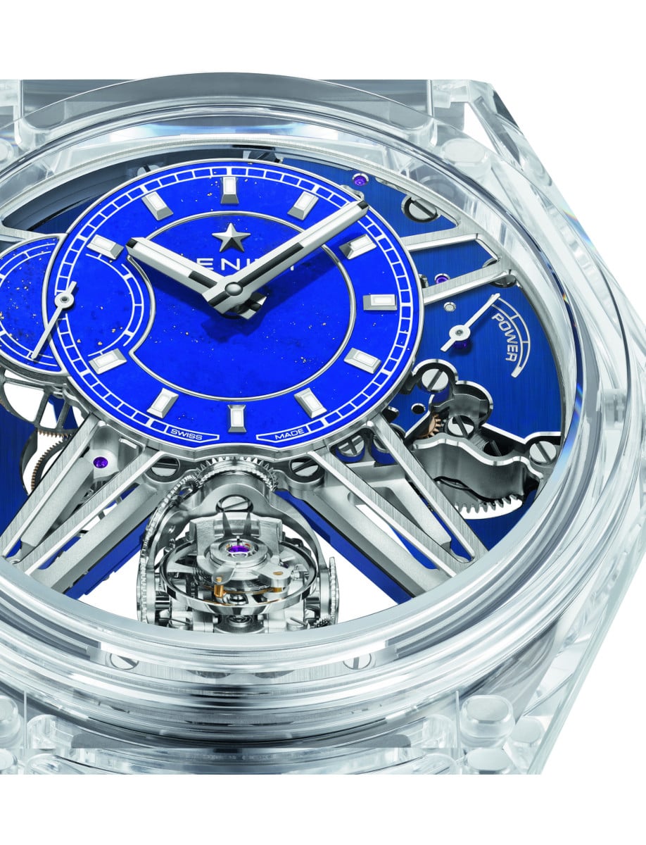 Close view of Zenith wristwatch with full sapphire case, and lapis lazuli dial.