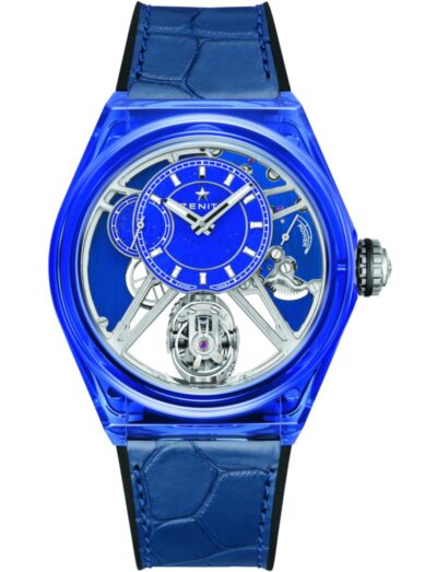 Zenith wristwatch with blue full sapphire case, lapis lazuli dial, and blue integrated alligator leather strap.