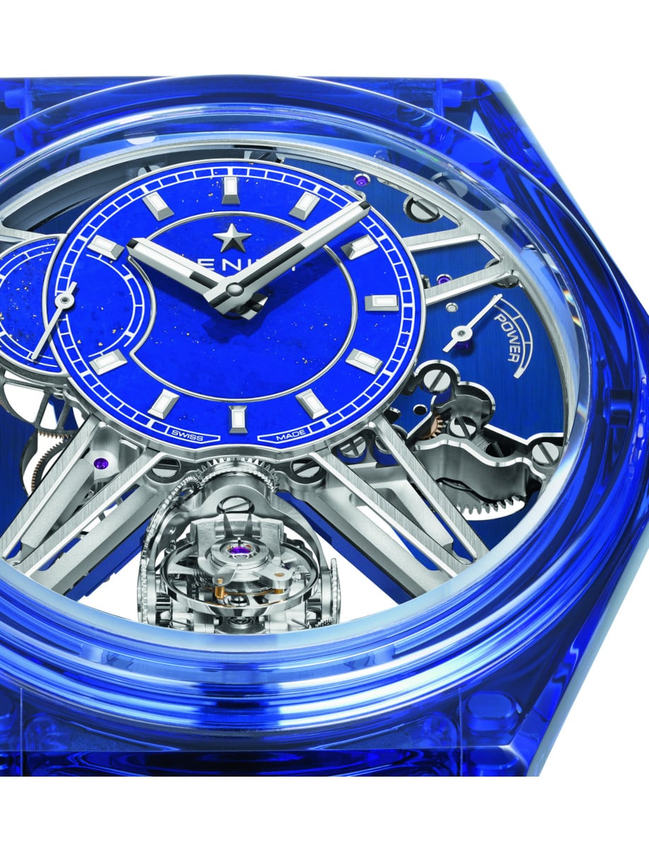 Close view of Zenith wristwatch with blue full sapphire case, and lapis lazuli dial.