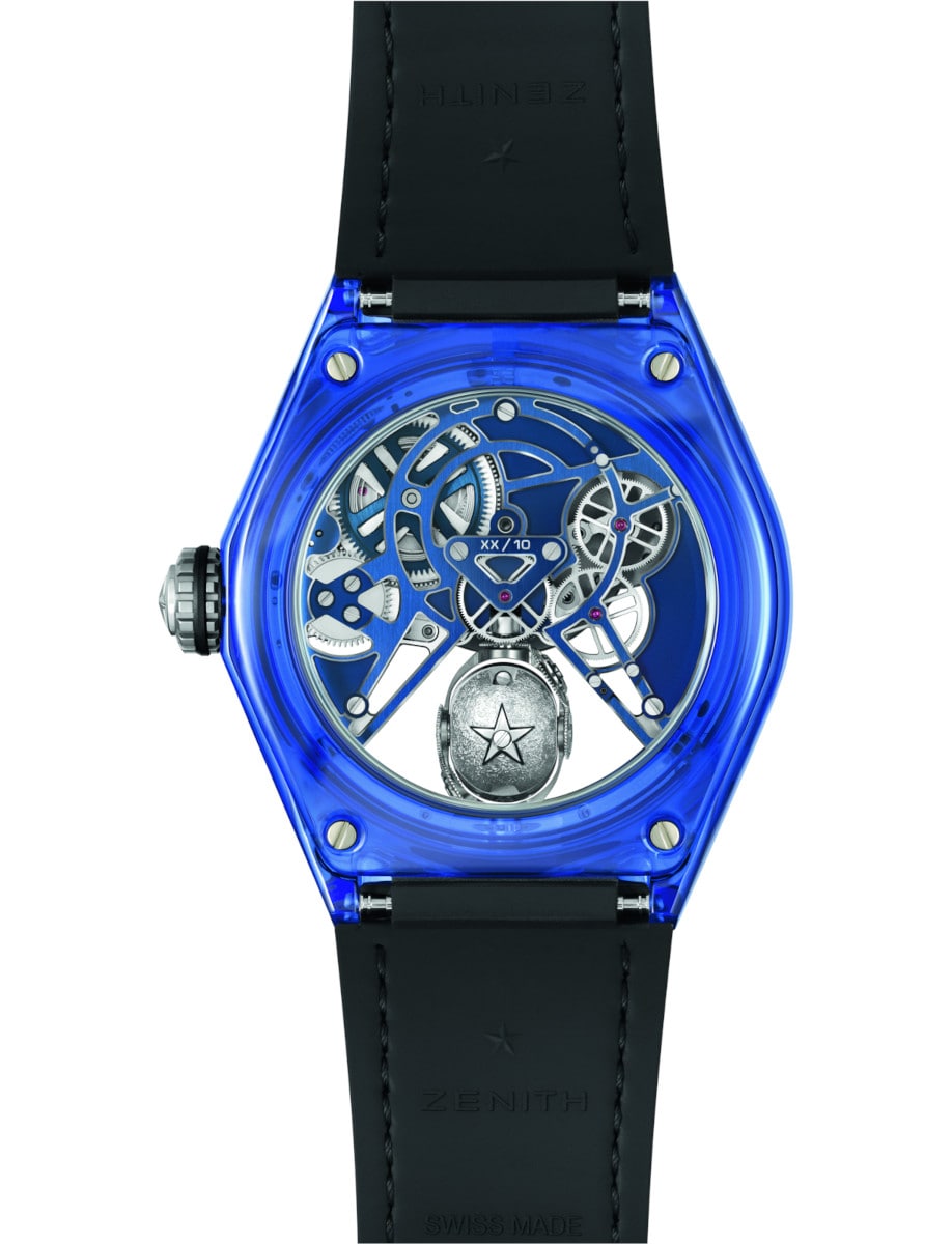Back view of Zenith wristwatch with blue full sapphire case, blue integrated alligator leather strap, and transparent case back.