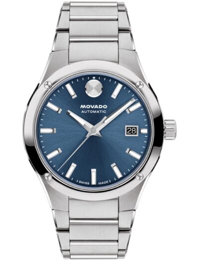 Movado wristwatch with stainless steel case and bracelet, and blue sunburst dial.