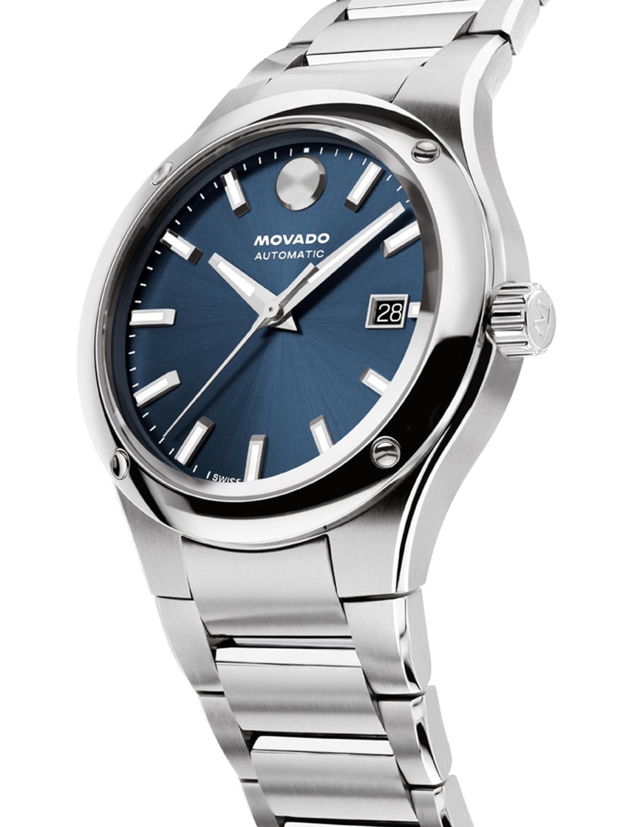 Side view of Movado wristwatch with stainless steel case and bracelet, and blue sunburst dial.