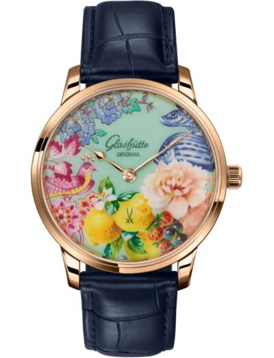 Glashutte Original wristwatch with red gold case, collage motif MEISSEN porcelain dial, and blue Louisiana Alligator leather strap