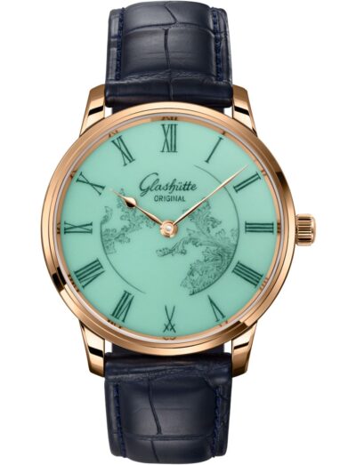 Glashutte Original wristwatch with red gold case, celadon green MEISSEN porcelain dial, and blue Louisiana Alligator leather strap