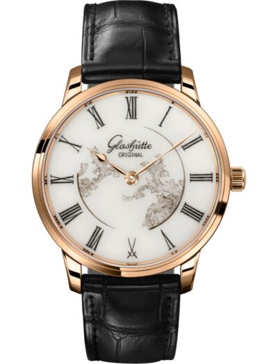 Glashutte Original wristwatch with red gold case, white MEISSEN porcelain dial, and black Louisiana Alligator leather strap