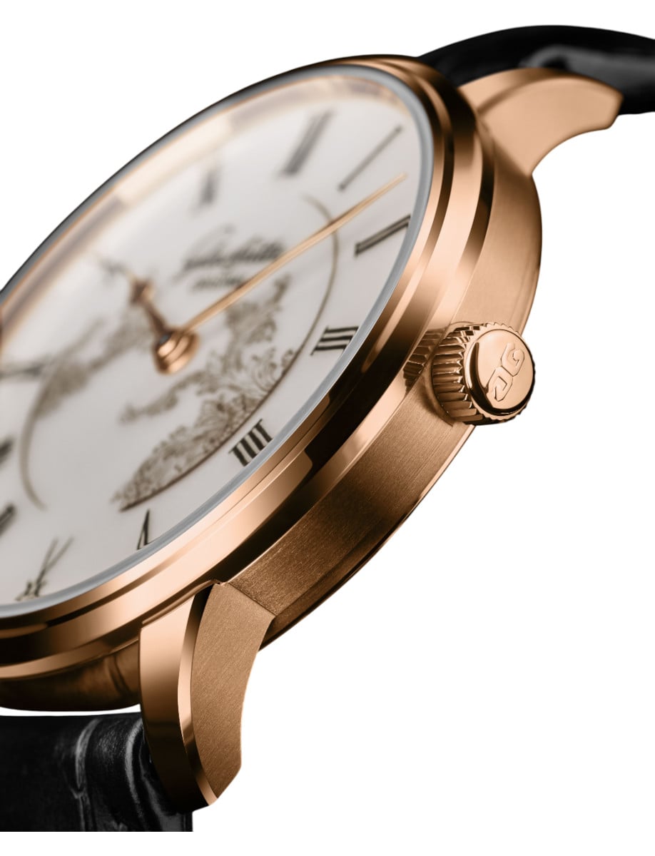 Left side view of Glashutte Original wristwatch with red gold case, white MEISSEN porcelain dial, and black Louisiana Alligator leather strap