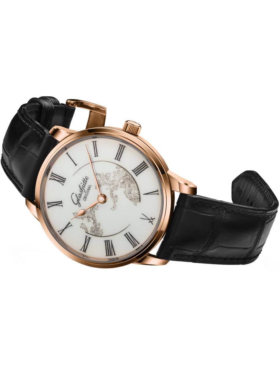 Side view of Glashutte Original wristwatch with red gold case, white MEISSEN porcelain dial, and black Louisiana Alligator leather strap