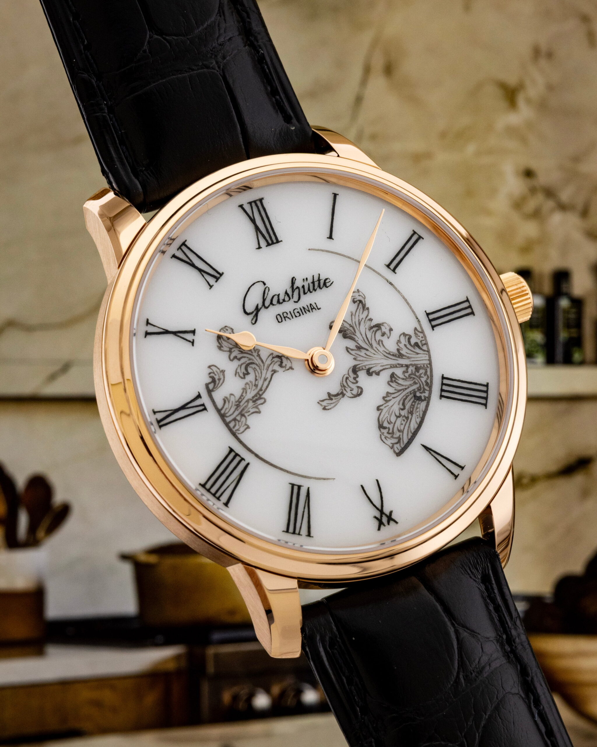Hotlist image for Glashutte Original wristwatch with red gold case, white MEISSEN porcelain dial, and black Louisiana Alligator leather strap