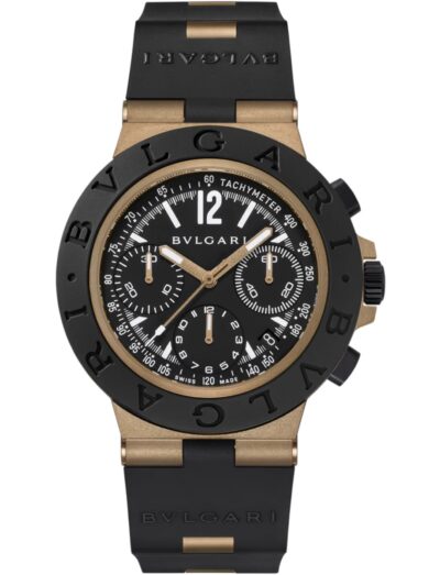 Bulgari wristwatch with bronze case, black rubber bezel and bracelet, and matte varnish black dial.