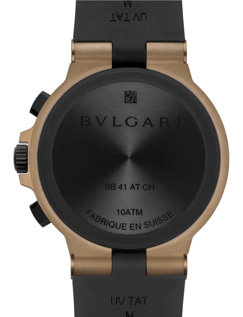 Back view of Bulgari wristwatch with bronze case, black rubber bezel and bracelet.