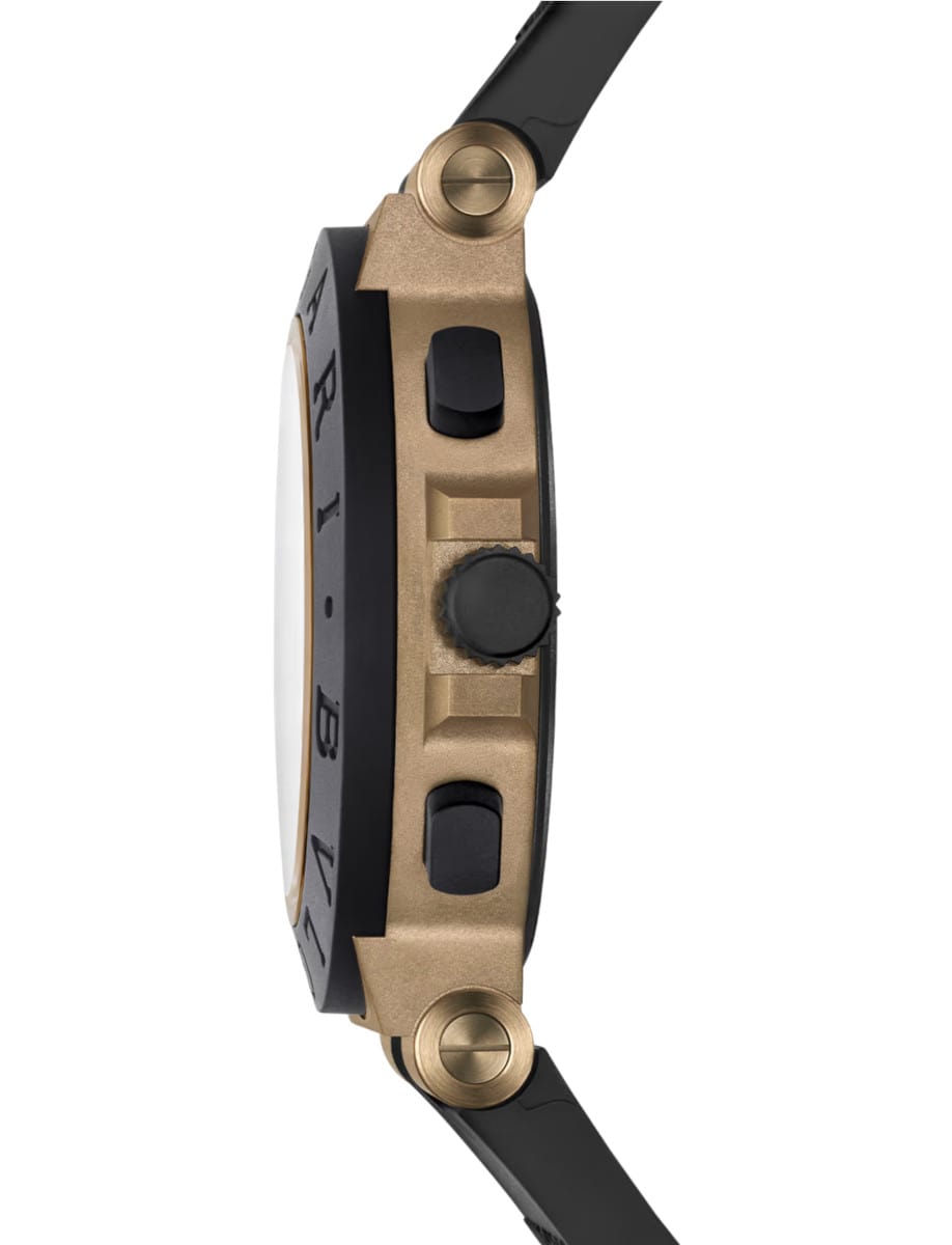 Side view of Bulgari wristwatch with bronze case, black rubber bezel and bracelet.