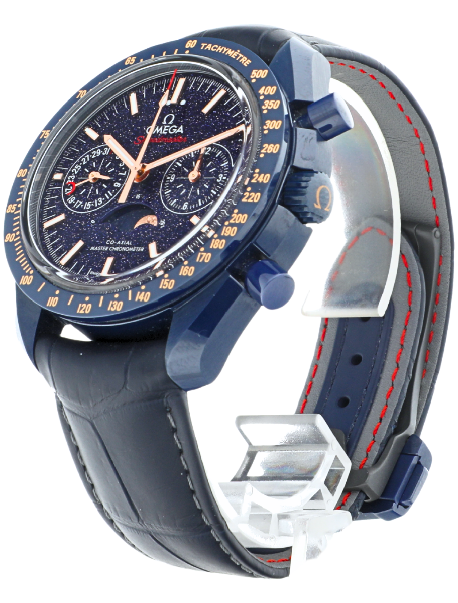 Omega Speedmaster Co-Axial Master Chronometer Moonphase Chronograph Blue Side of the Moon Adventurine angled front right view