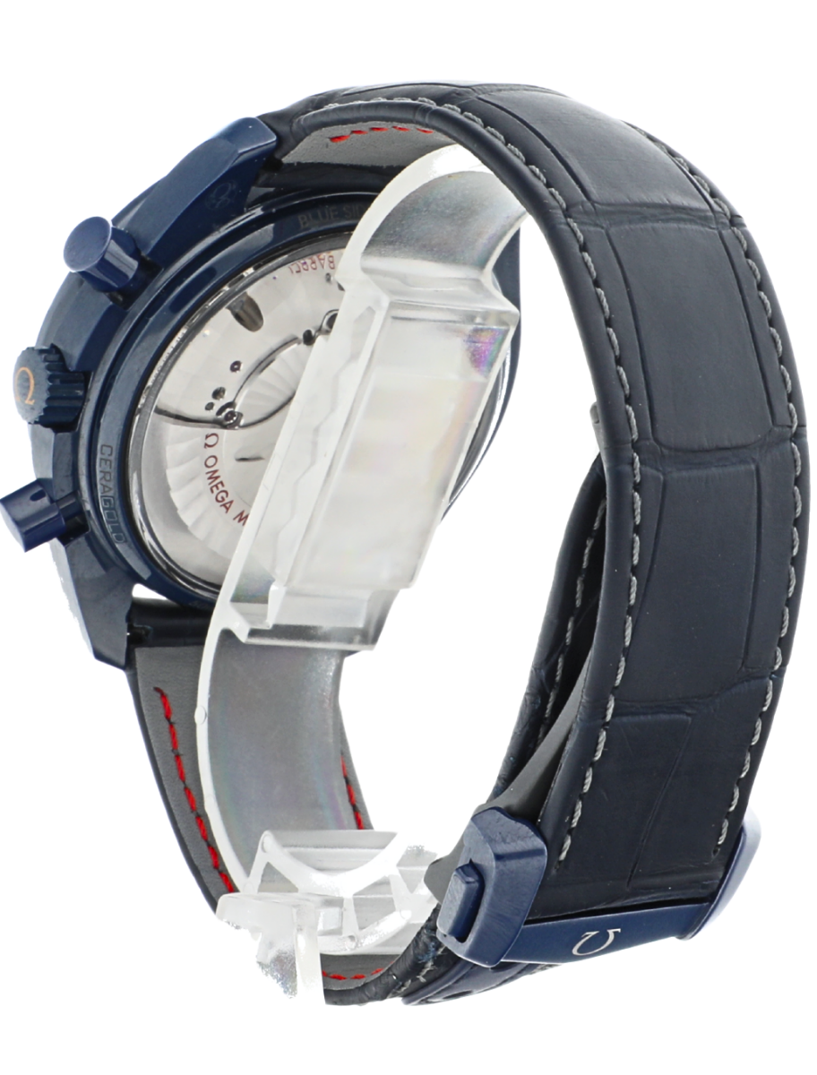 Omega Speedmaster Co-Axial Master Chronometer Moonphase Chronograph Blue Side of the Moon Adventurine angled back right view