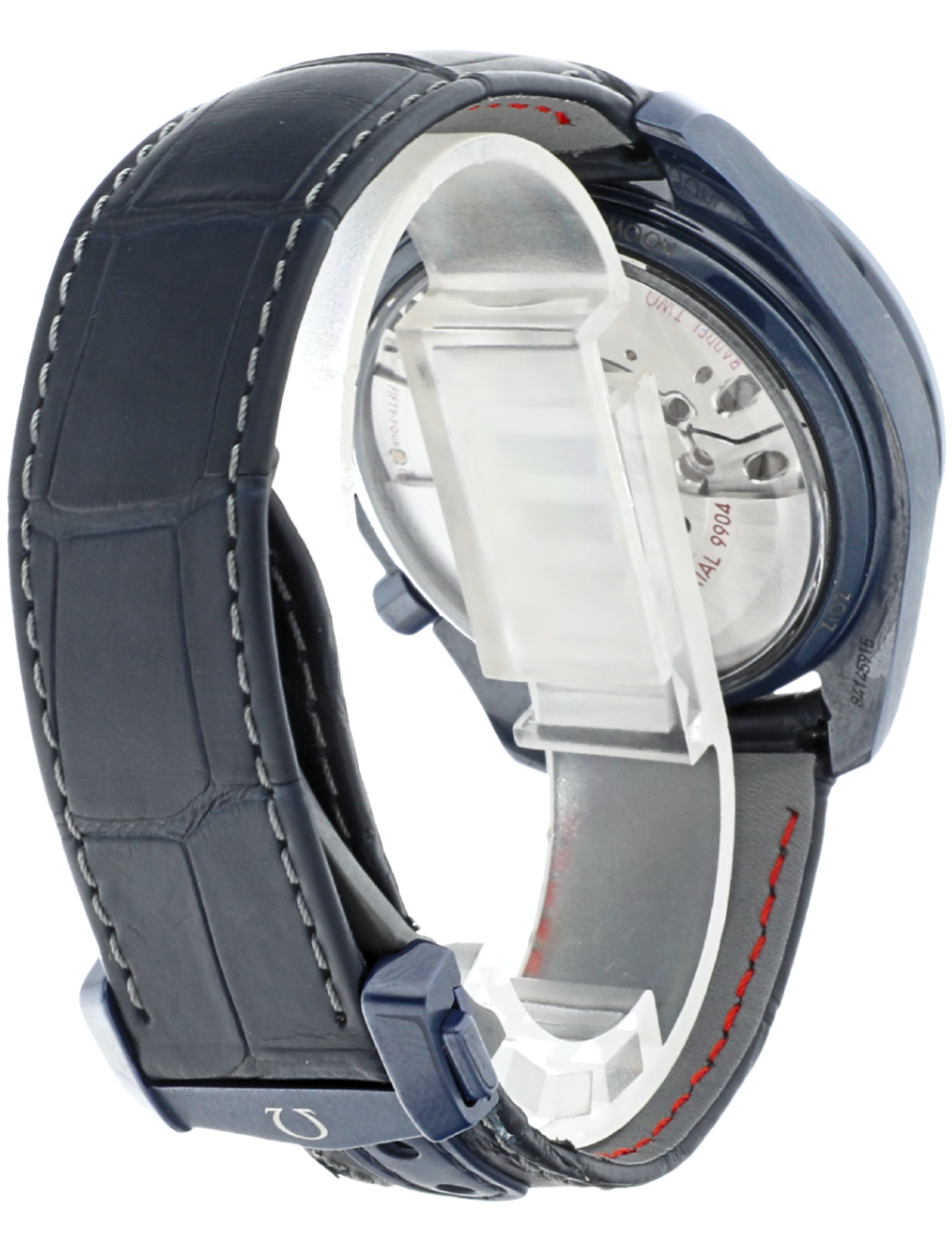 Omega Speedmaster Co-Axial Master Chronometer Moonphase Chronograph Blue Side of the Moon Adventurine angled back left view