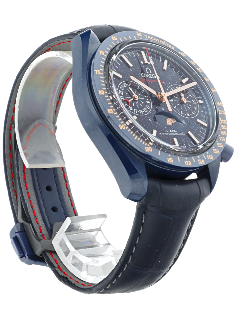 Omega Speedmaster Co-Axial Master Chronometer Moonphase Chronograph Blue Side of the Moon Adventurine angled front left view