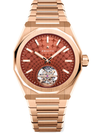 Zenith wristwatch with rose gold case and bracelet, and brick red sunray starry sky patterned dial.