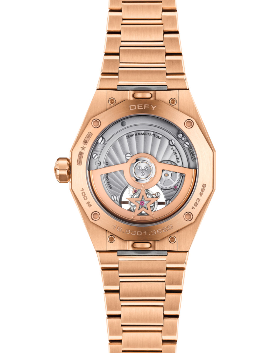Zenith wristwatch with rose gold case and bracelet, and transparent case back.