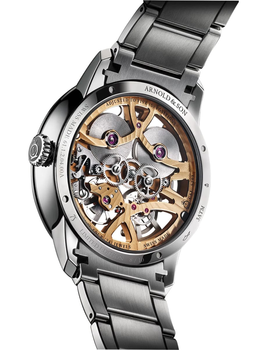 Arnold&Son wristwatch with stainless steel case and bracelet, and transparent case back.