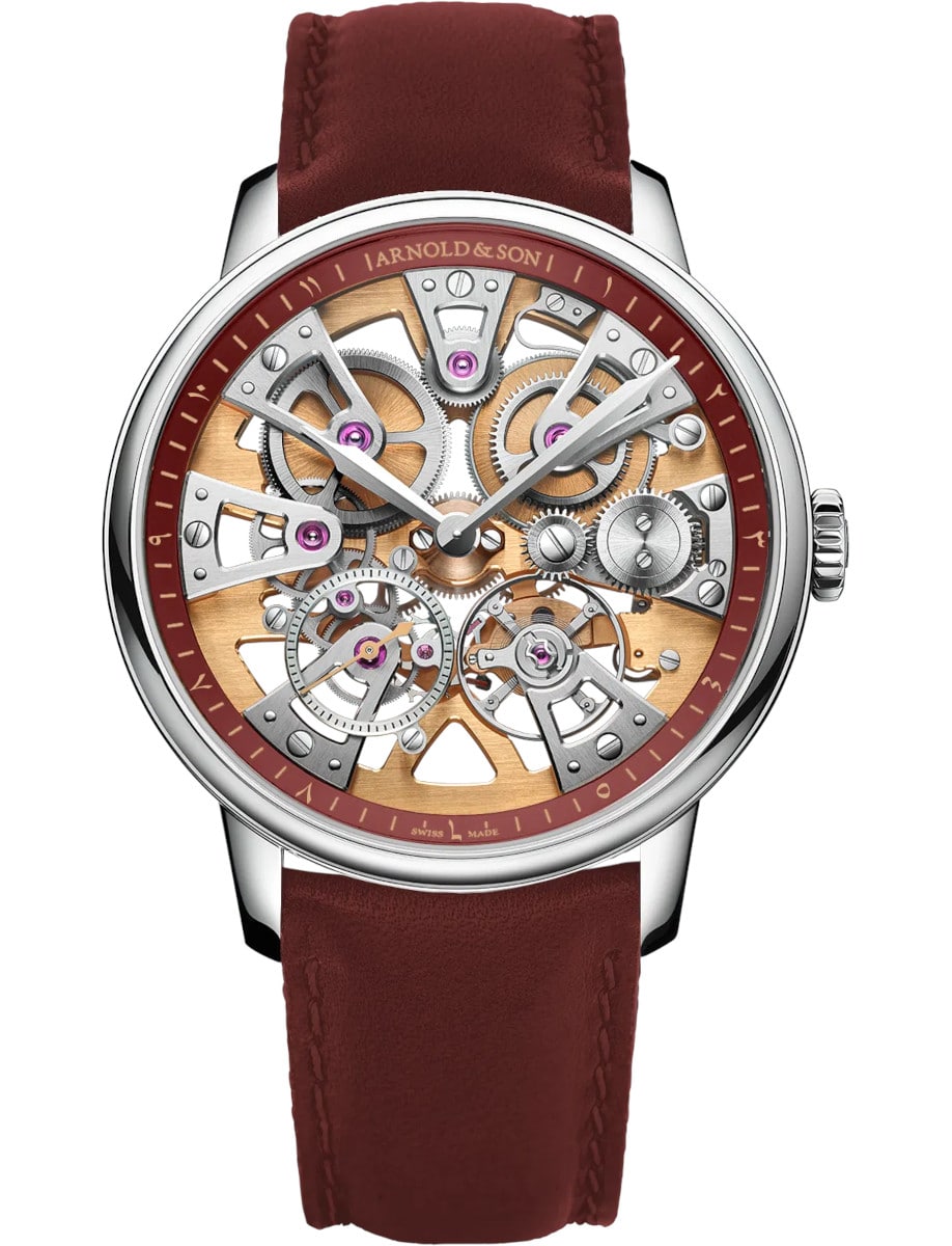 Arnold&Son wristwatch with stainless steel case, garnet calfskin strap, and skeleton dial.