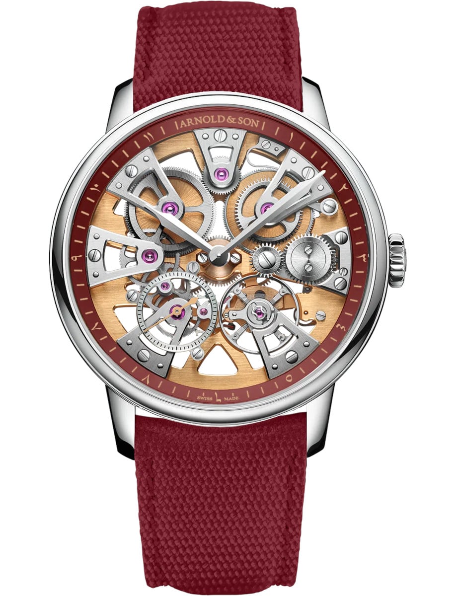 Arnold&Son wristwatch with stainless steel case, garnet technical fabric strap, and skeleton dial.