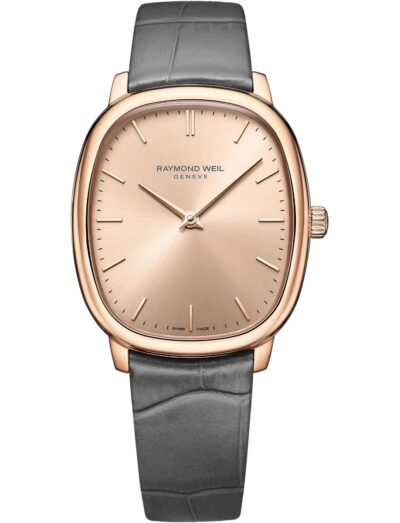 Raymond Weil wristwatch with stainless steel case with rose gold PVD coating, copper dial, and genuine calf leather strap.