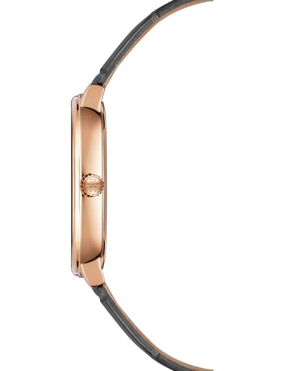 Side view of Raymond Weil wristwatch with stainless steel case with rose gold PVD coating, and genuine calf leather strap.