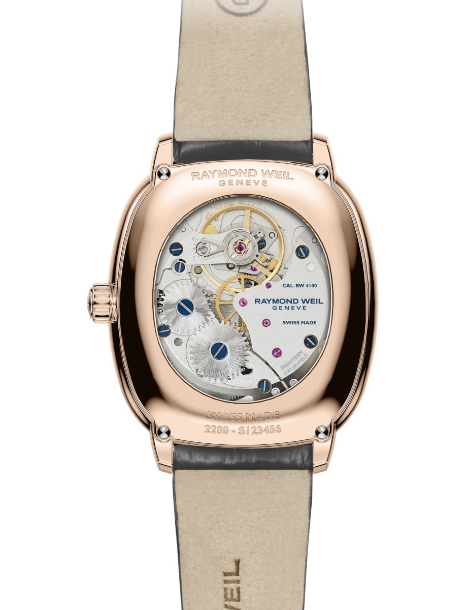 Raymond Weil wristwatch with stainless steel case with rose gold PVD coating, sapphire crystal case back, and genuine calf leather strap.