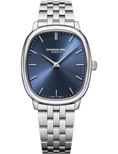 Raymond Weil wristwatch with stainless steel case and bracelet, and sunrayed blue dial.