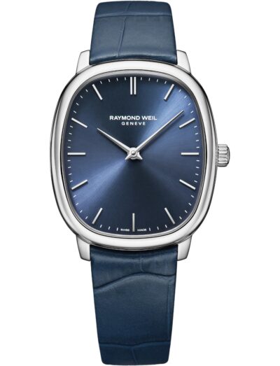 Raymond Weil wristwatch with stainless steel case, sunrayed blue dial, and genuine calf leather strap.