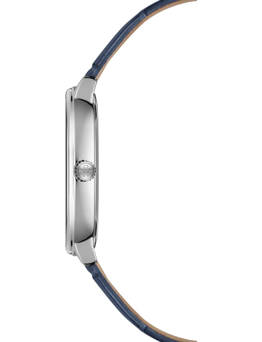Side view of Raymond Weil wristwatch with stainless steel case, and genuine calf leather strap.