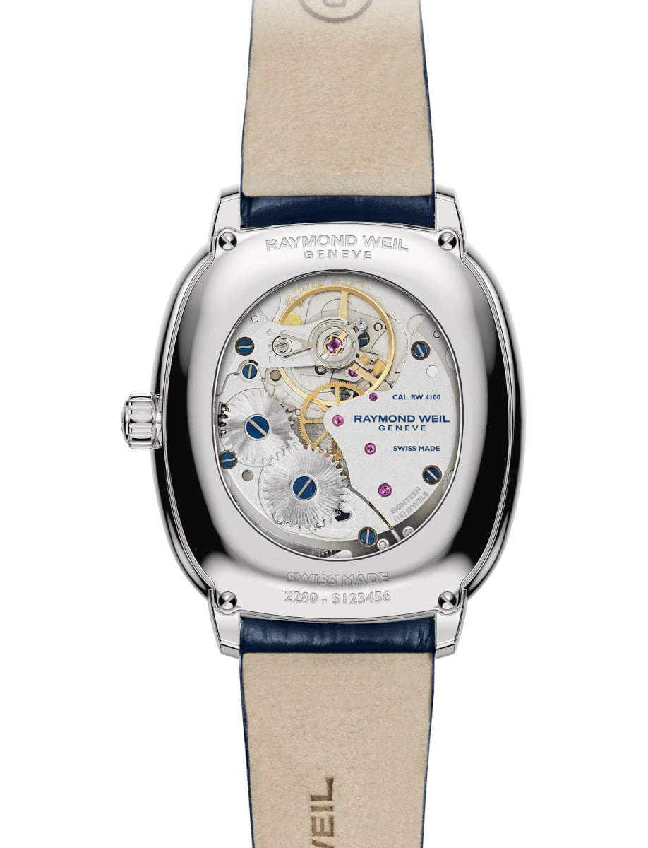 Raymond Weil wristwatch with stainless steel case with sapphire crystal case back, and genuine calf leather strap.