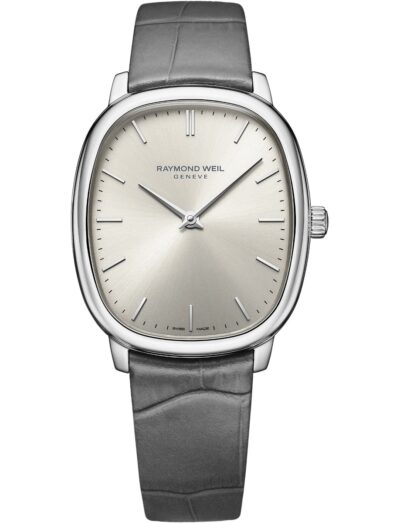 Raymond Weil wristwatch with stainless steel case, silver sunrayed dial, and genuine calf leather strap.