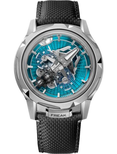 Ulysse Nardin wristwatch with titanium case, blue turquoise enamel discs on dial, and black rubber strap. | Feldmar Watch Co. Ulysse Nardin wristwatch with titanium case, blue turquoise enamel discs on dial, and black rubber strap.