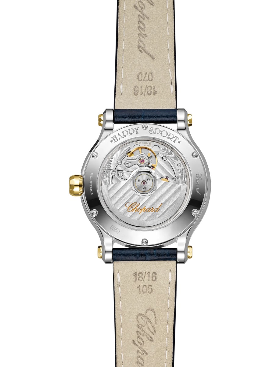 Back view of Chopard wristwatch wiht 18k yellow gold and stainless steel case and blue alligator leather strap